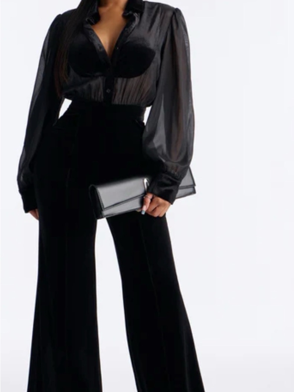 Women's Black High-Waist Wide-Leg Velvet Bodysuit
